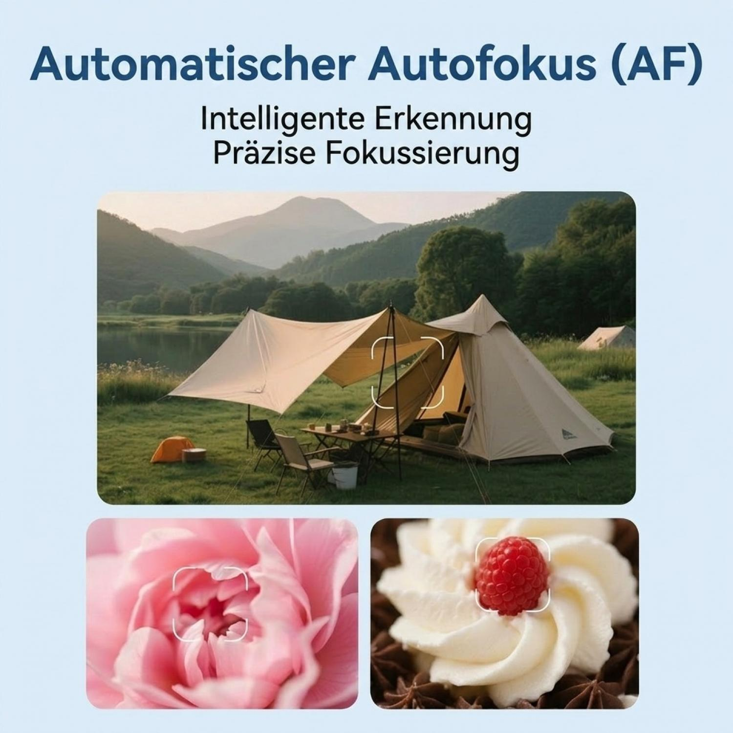 Autofokus-Demo mit Bildern einer Zeltlandschaft, einer rosa Blume und einer Himbeere auf Sahne.