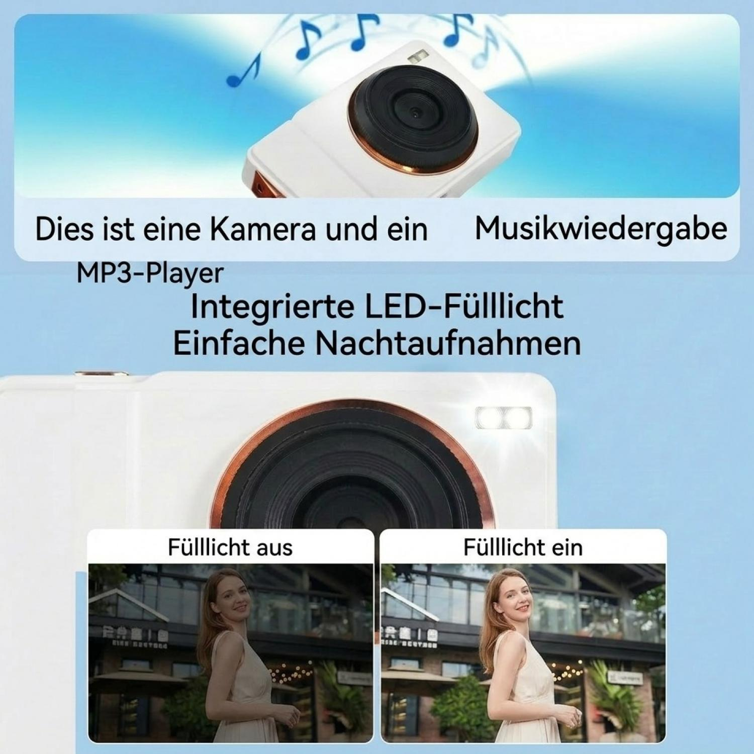 Eine weiße Kamera mit Musikplayer, LED-Fülllicht und Nachtaufnahmevergleich.