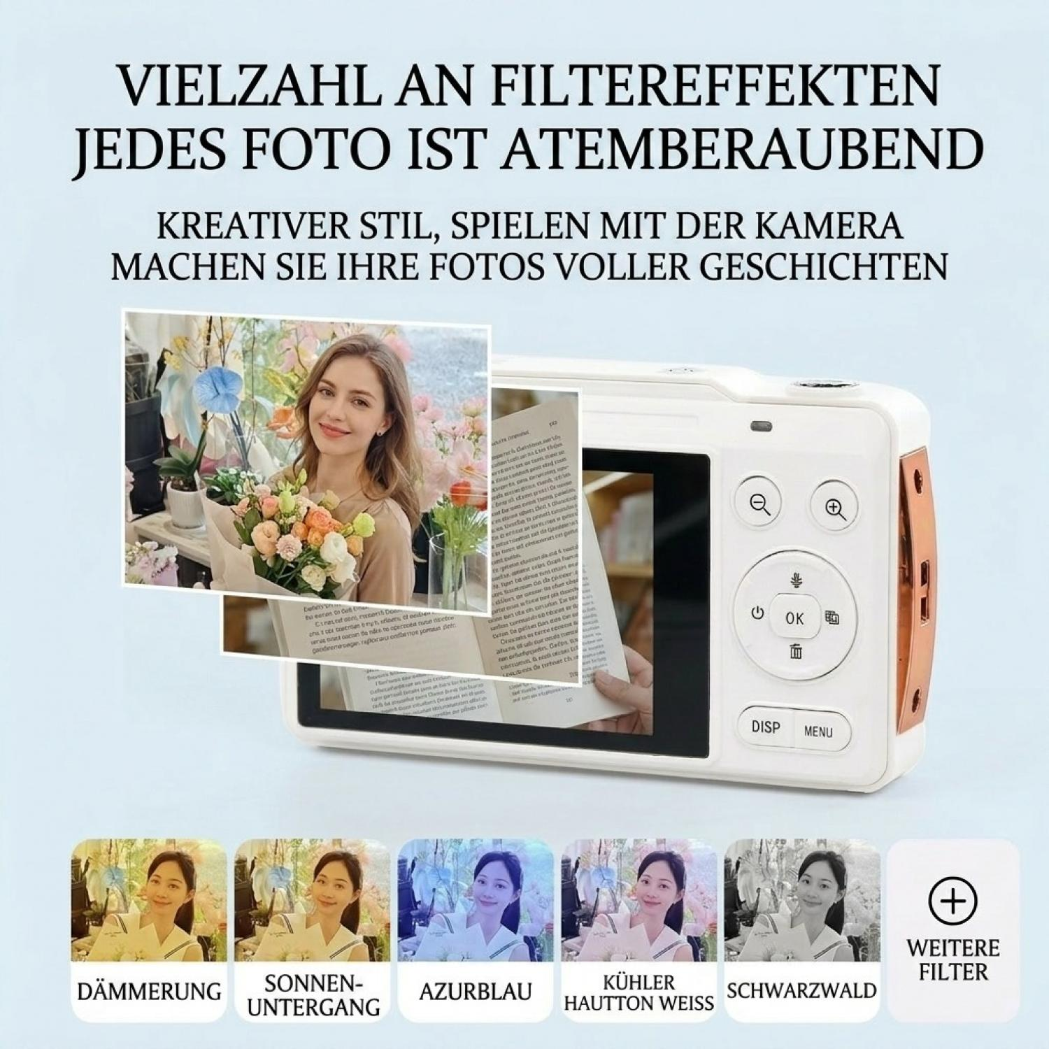 Eine weiße Digitalkamera mit Fotofilterbeispielen und deutschem Werbetext oben.
