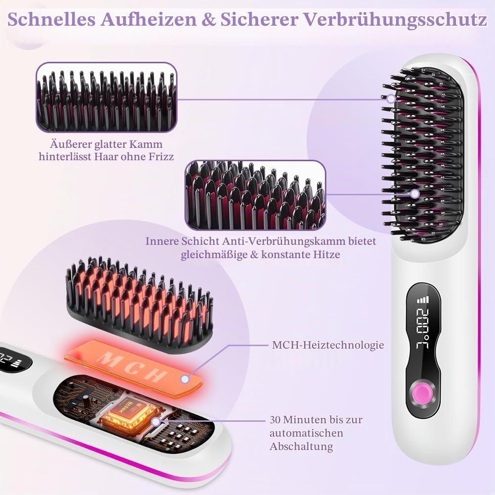 Eine weiße Haarglättungsbürste mit MCH-Heiztechnologie, digitalem Display und Details zu den Borsten.