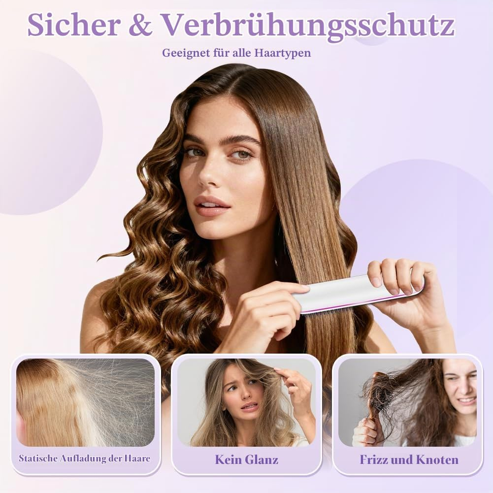 Eine Frau hält eine Haarglättungsbürste, mit drei kleinen Bildern unten, die krauses Haar zeigen.