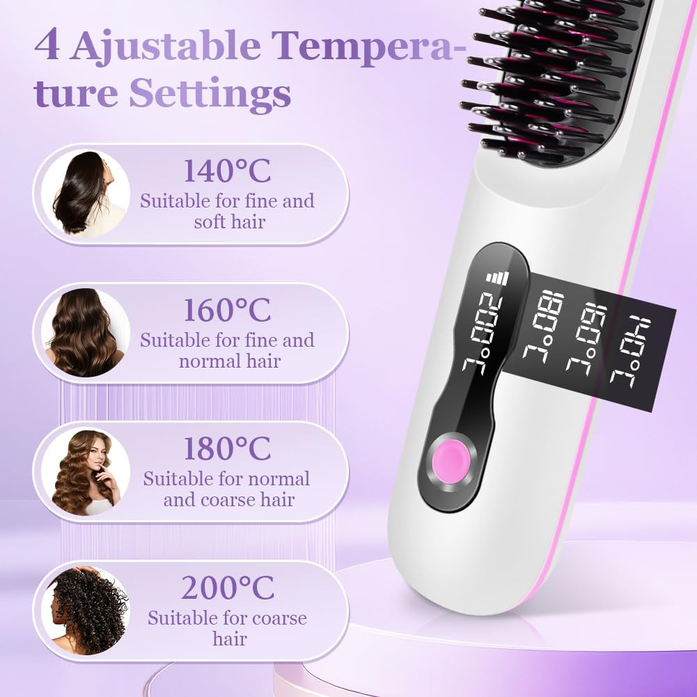 Haarglättungsbürste mit vier einstellbaren Temperaturstufen von 140°C bis 200°C auf lilafarbenem Hintergrund.