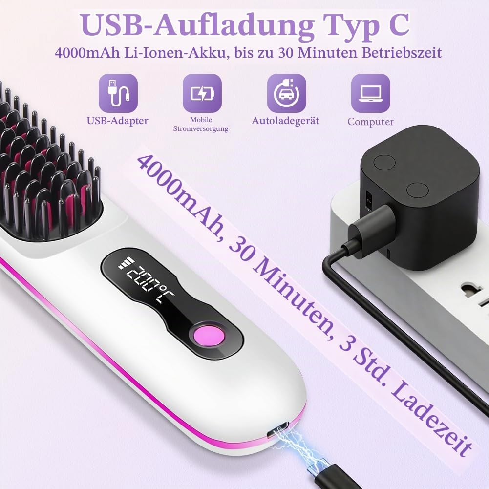 Wiederaufladbare Haarglättungsbürste mit USB-C, Digitaldisplay und Ladeoptionen.