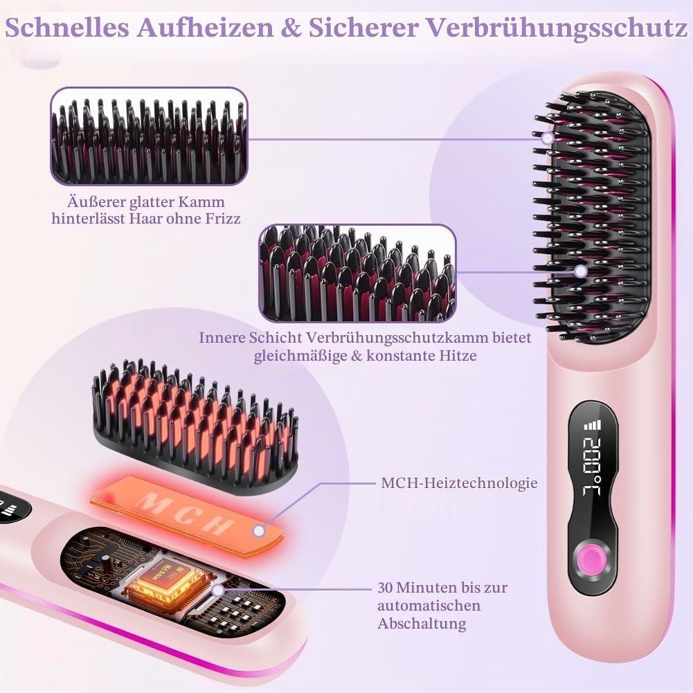Rosa Haarglättungsbürste mit MCH-Heiztechnologie und digitaler Anzeige, die Funktionen und Innenteile darstellt.
