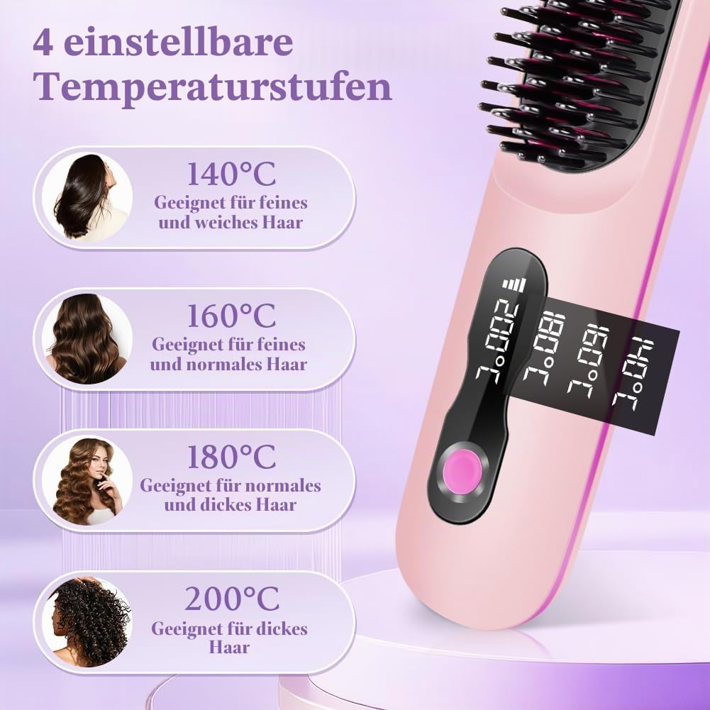 Rosa Haarglättungsbürste mit vier einstellbaren Temperaturstufen von 140°C bis 200°C für verschiedene Haartypen.