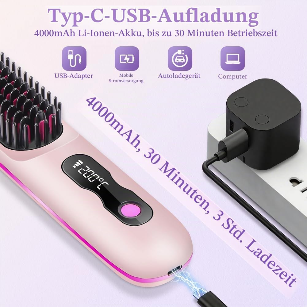 Rosa Haarglättungsbürste mit Lade- und Batteriedetails sowie Icons für verschiedene Lademöglichkeiten.