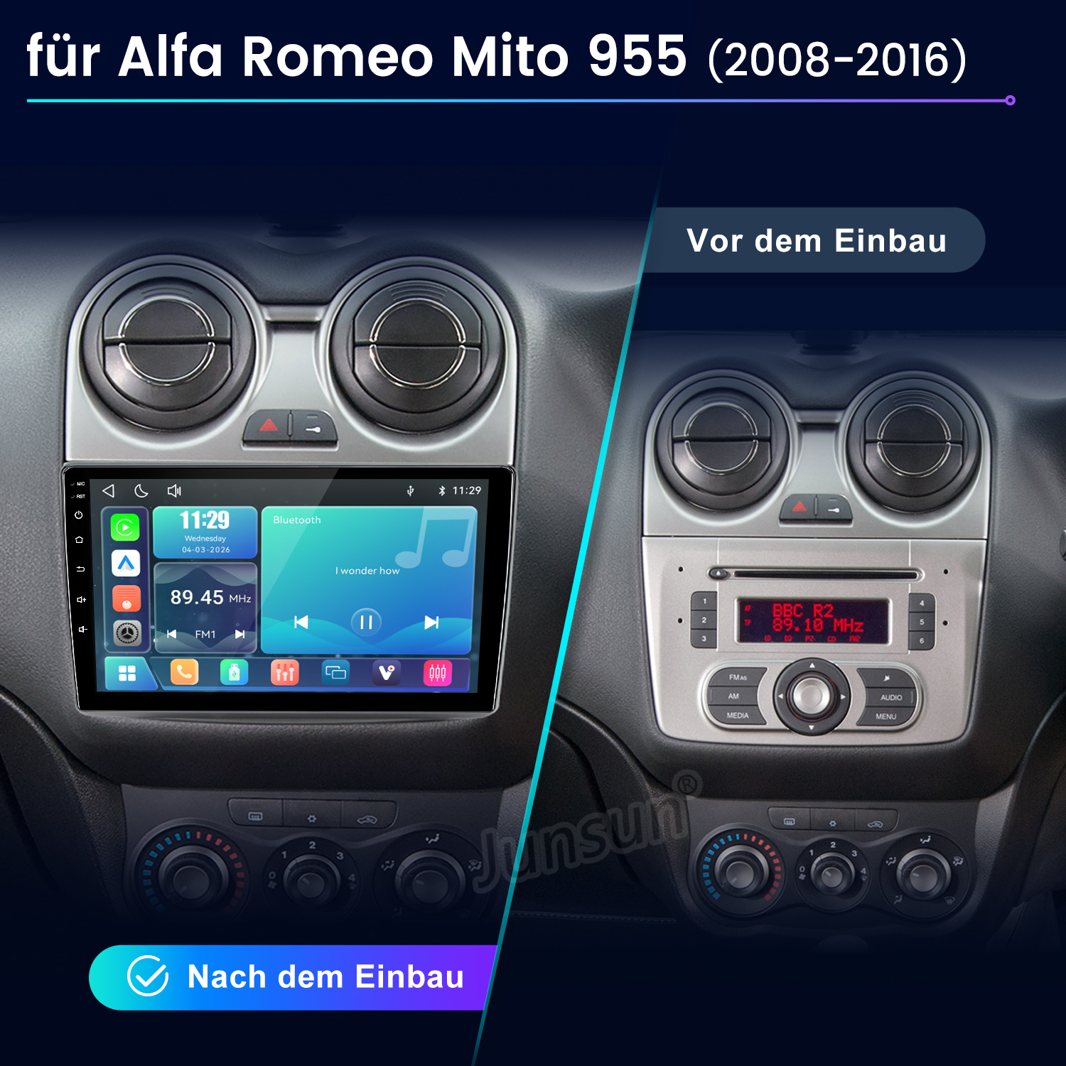 Vergleich Alfa Romeo Mito Armaturenbrett vor und nach dem Einbau eines modernen Navis.