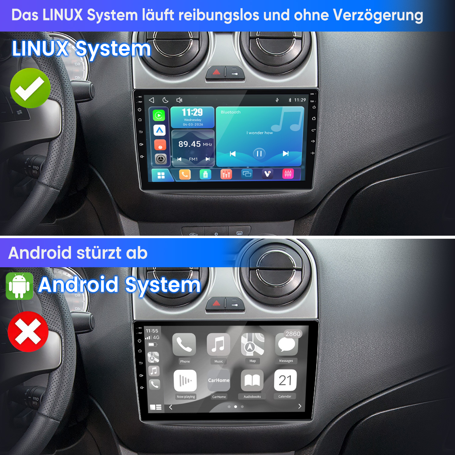 Vergleich zweier Auto-Displays: Linux-System mit reibungsloser Benutzeroberfläche und fehlerhaftes Android-System.