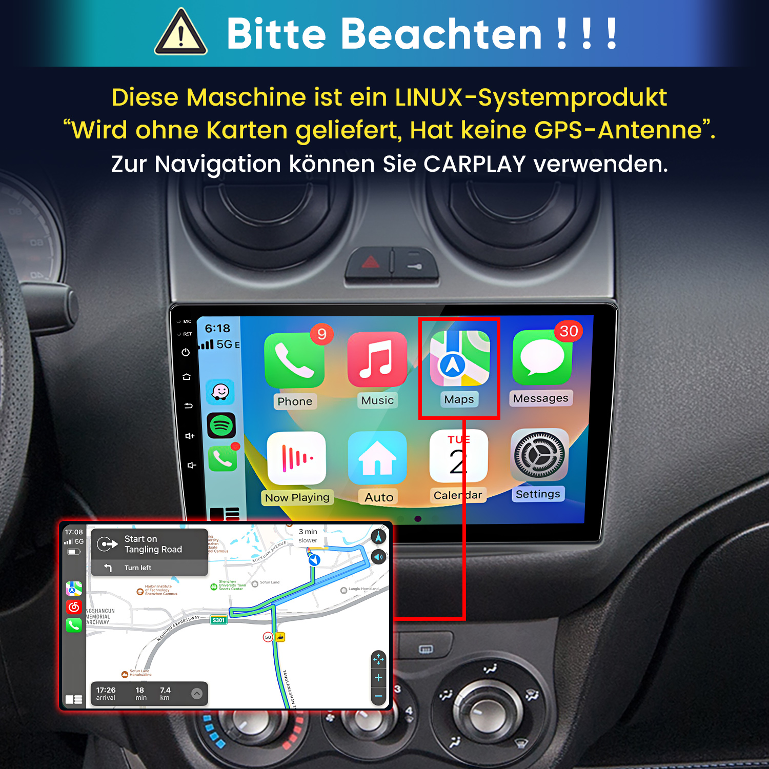 Linux-Autoradio mit CarPlay-Navigation und deutschen Texten.