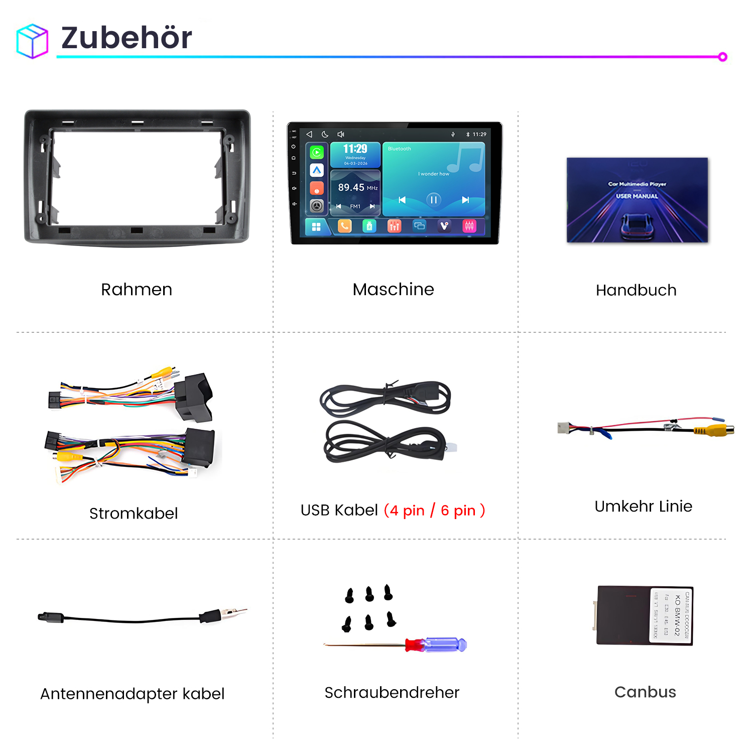 Übersicht des KFZ-Multimediaplayers Zubehörs inklusive Rahmen, Kabeln und Handbuch auf weißem Hintergrund.