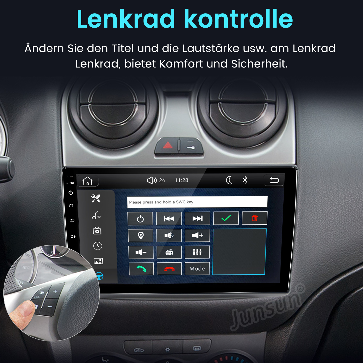 Ein Auto-Multimedia-Display zeigt Einstellungen für die Lenkradsteuerung mit Touch-Tasten, inset zeigt eine Hand.