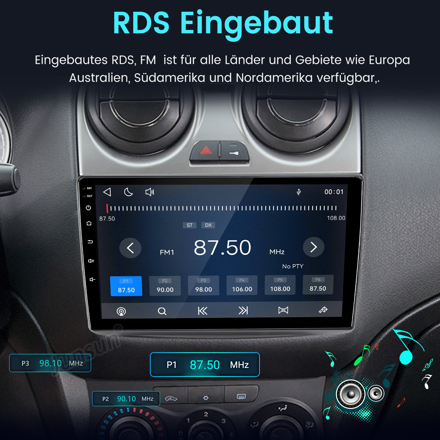 Ein Auto-Armaturenbrett mit einem digitalen Touchscreen, das eine UKW-Radio-Schnittstelle anzeigt.