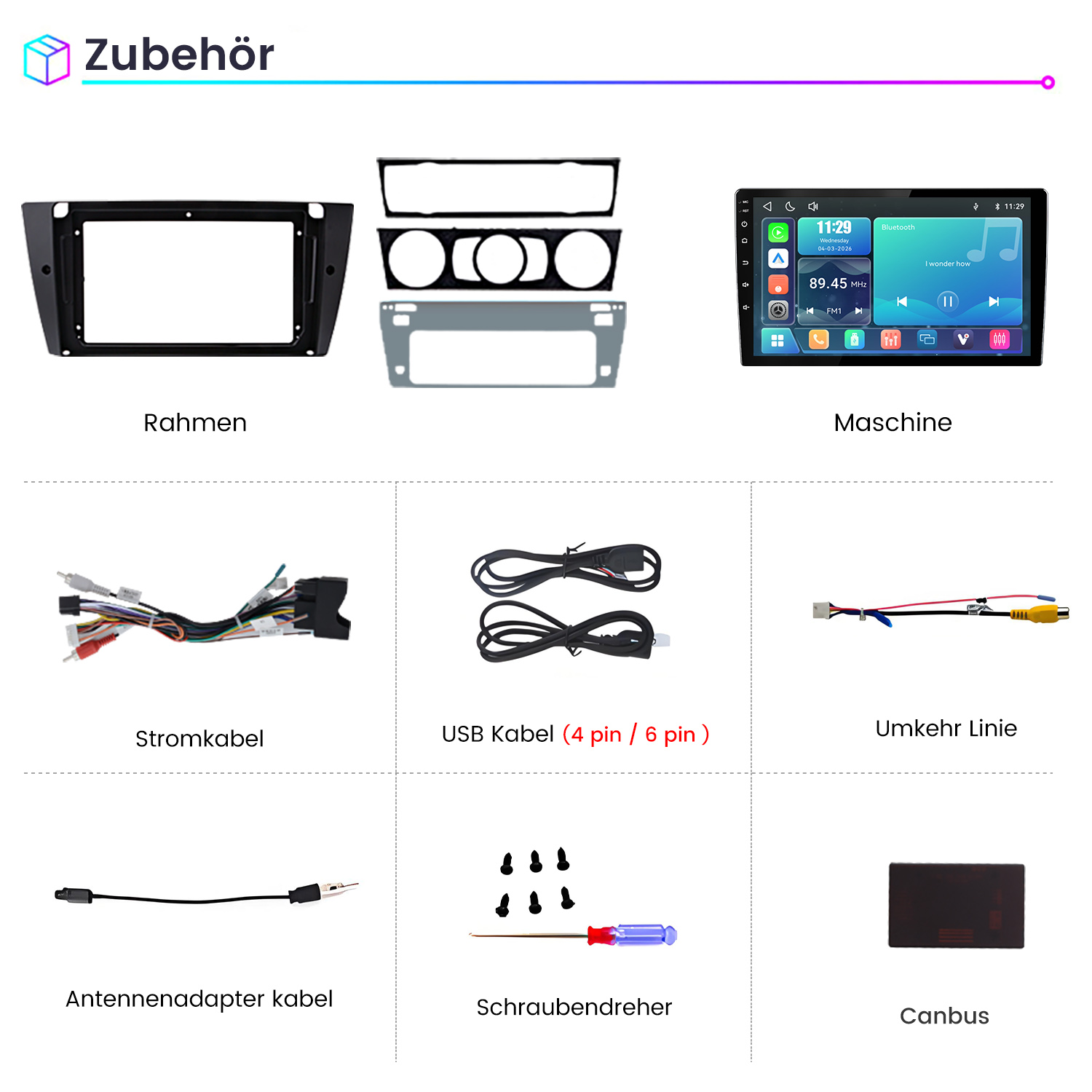 Übersicht von Autozubehörteilen wie Rahmen, Display, Kabel, Schraubendreher und Canbus auf weißem Hintergrund.