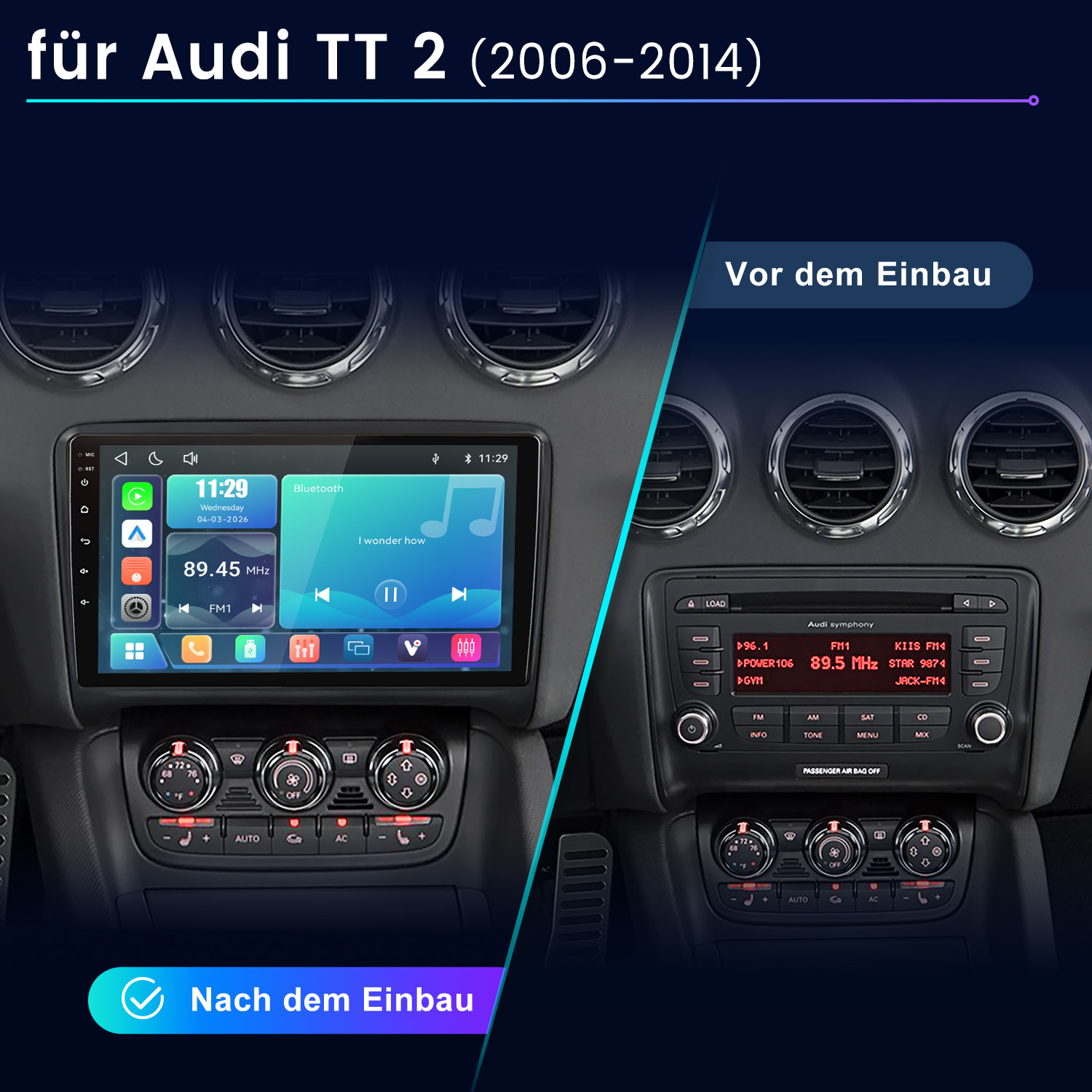 Vergleich der Audi TT Mittelkonsole vor und nach dem Einbau eines neuen Infotainmentsystems.