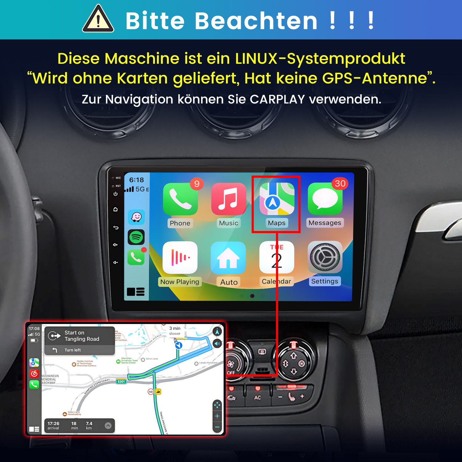 Linux-Autoradio-Display mit App-Icons und CarPlay-Navigation.