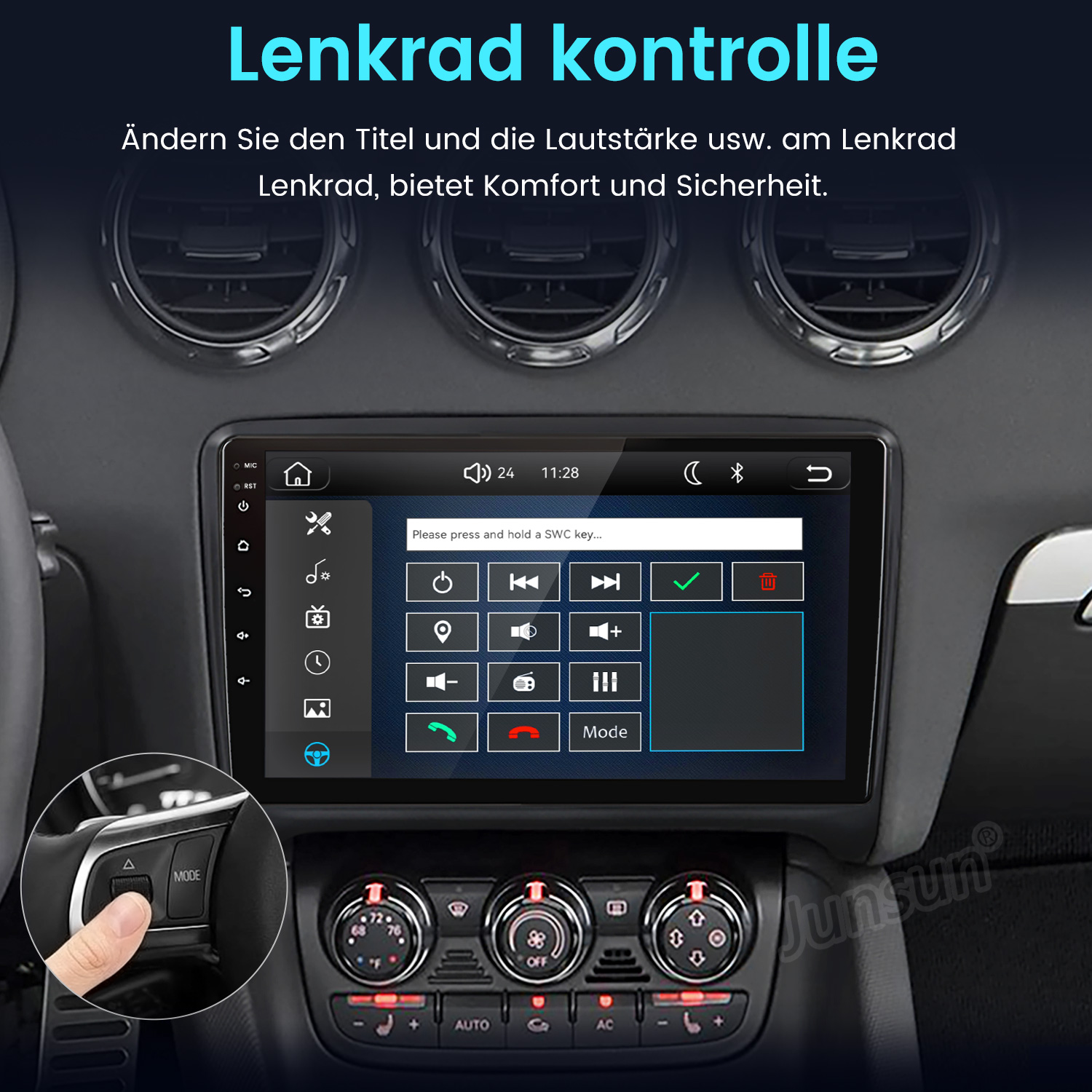 Autoinnenraum mit Touchscreen-Infotainment-System und Lenkradsteuerung.