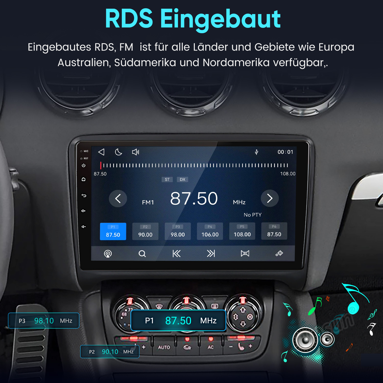 Ein Car-Audio-System im Armaturenbrett zeigt den FM-Radiosender 87,50 MHz auf einem Touchscreen-Display.