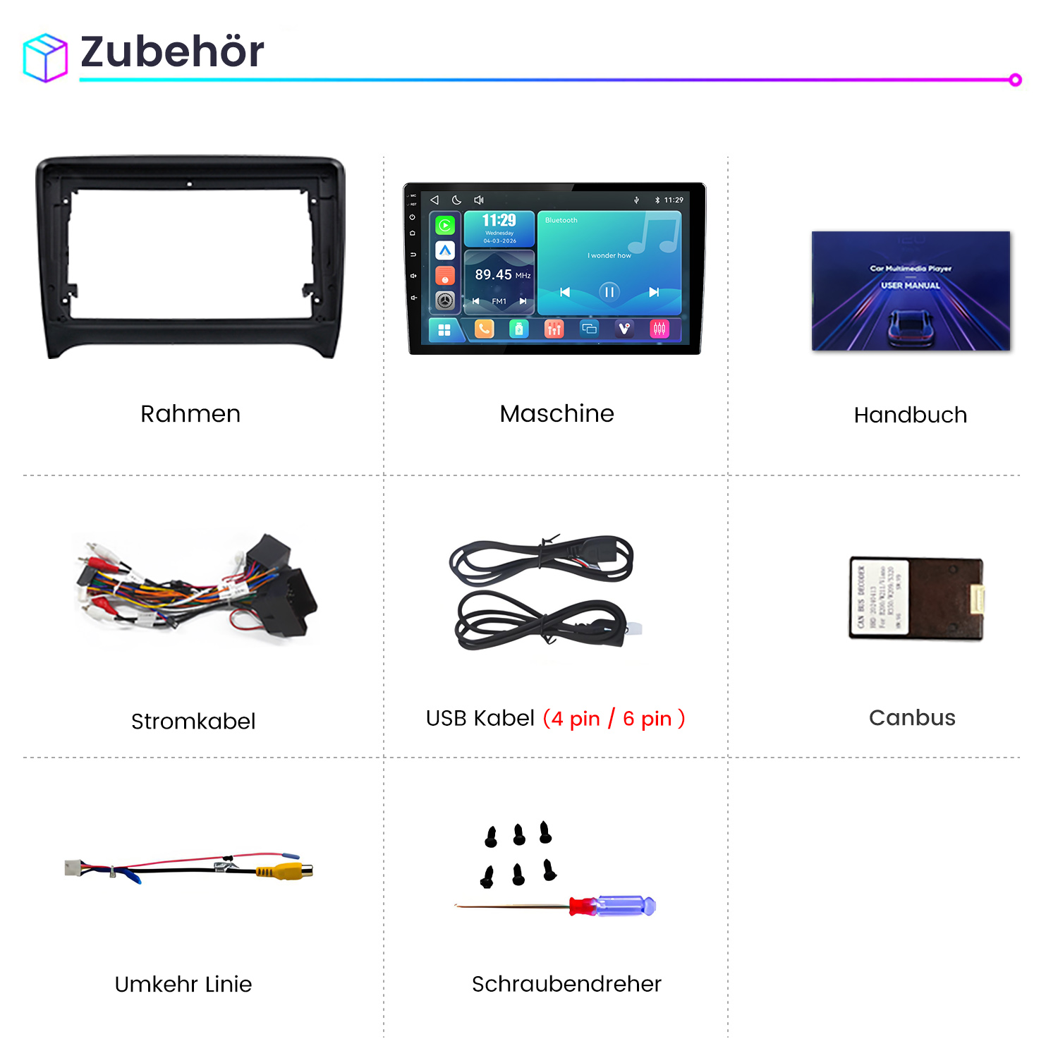 Raster mit Autoradio-Zubehör wie Rahmen, Bildschirm, Handbuch, Kabeln, Canbus-Box und Schraubendreher.