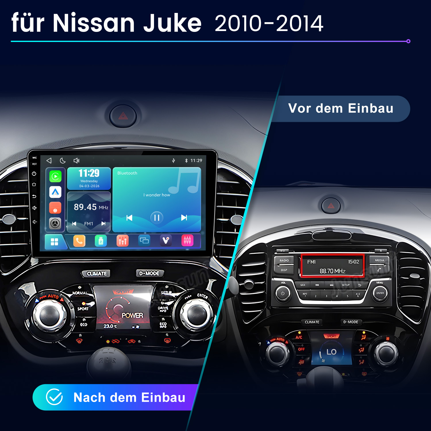 Nissan Juke Armaturenbrett Vergleich vorher und nachher mit neuem Multimedia-Touchscreen.