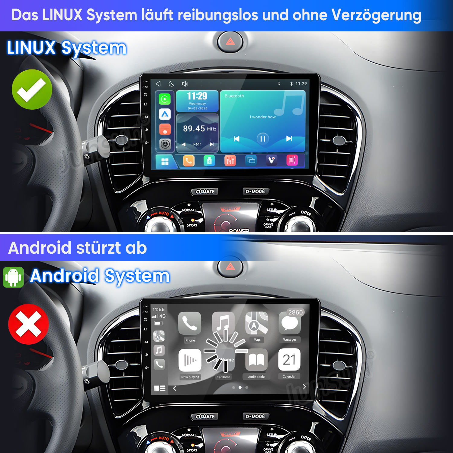 Vergleich zweier Autodisplays: Linux läuft flüssig, Android zeigt einen Ladekreis und hängt.
