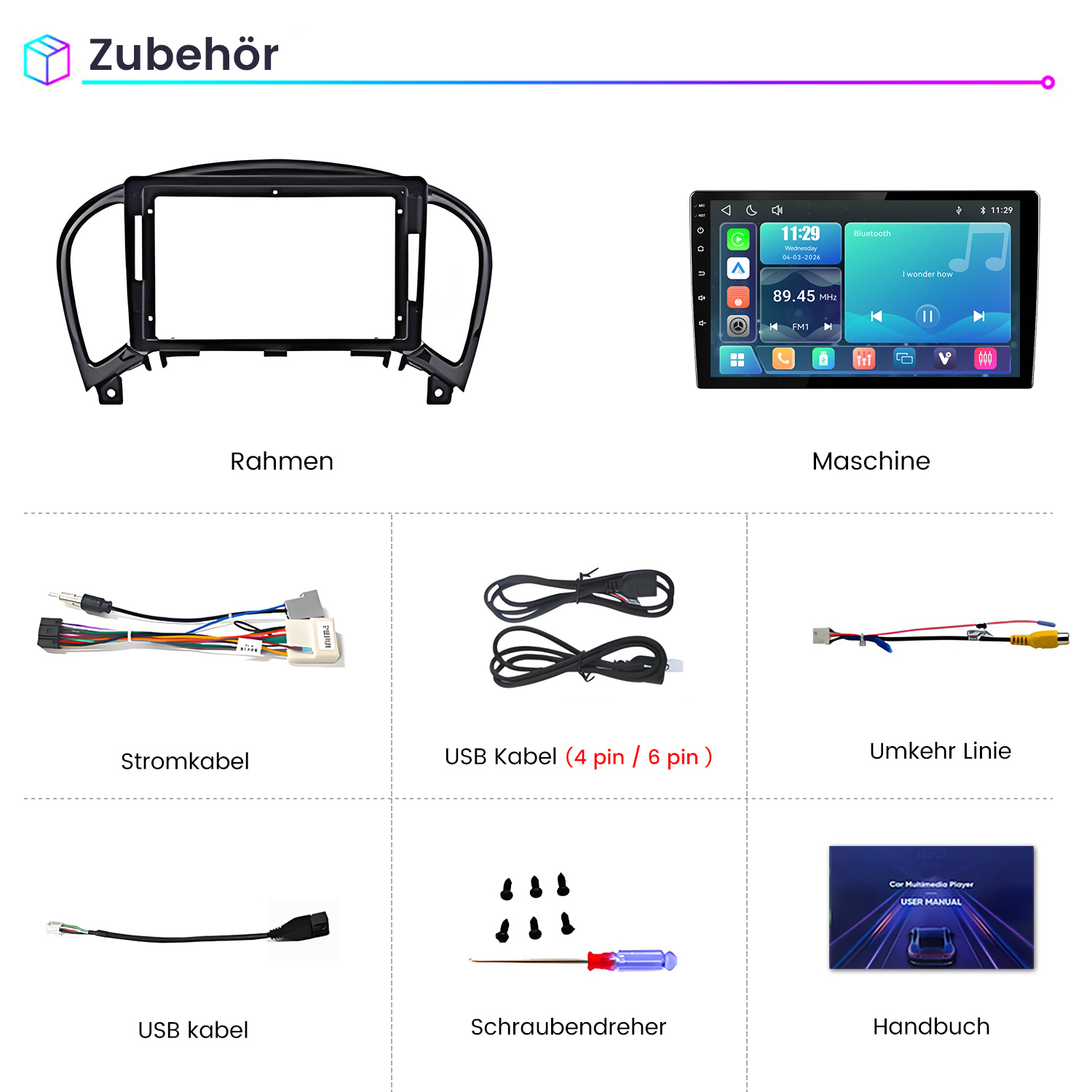 Zubehörteile für Autoradios, einschließlich Rahmen, Display, Kabel, Schrauben und Handbuch.