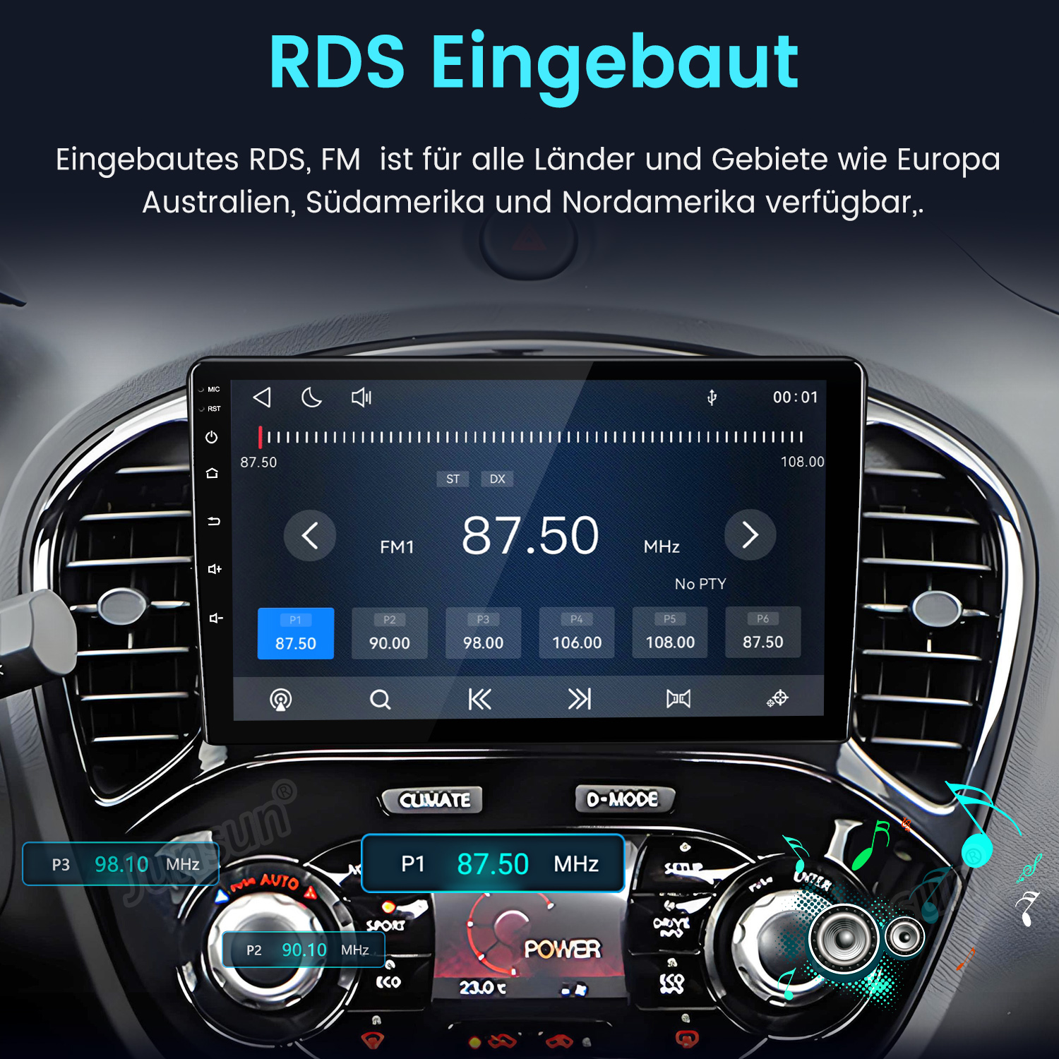 Autoradio mit Touchscreen und FM-Tuner in einem Autocockpit.