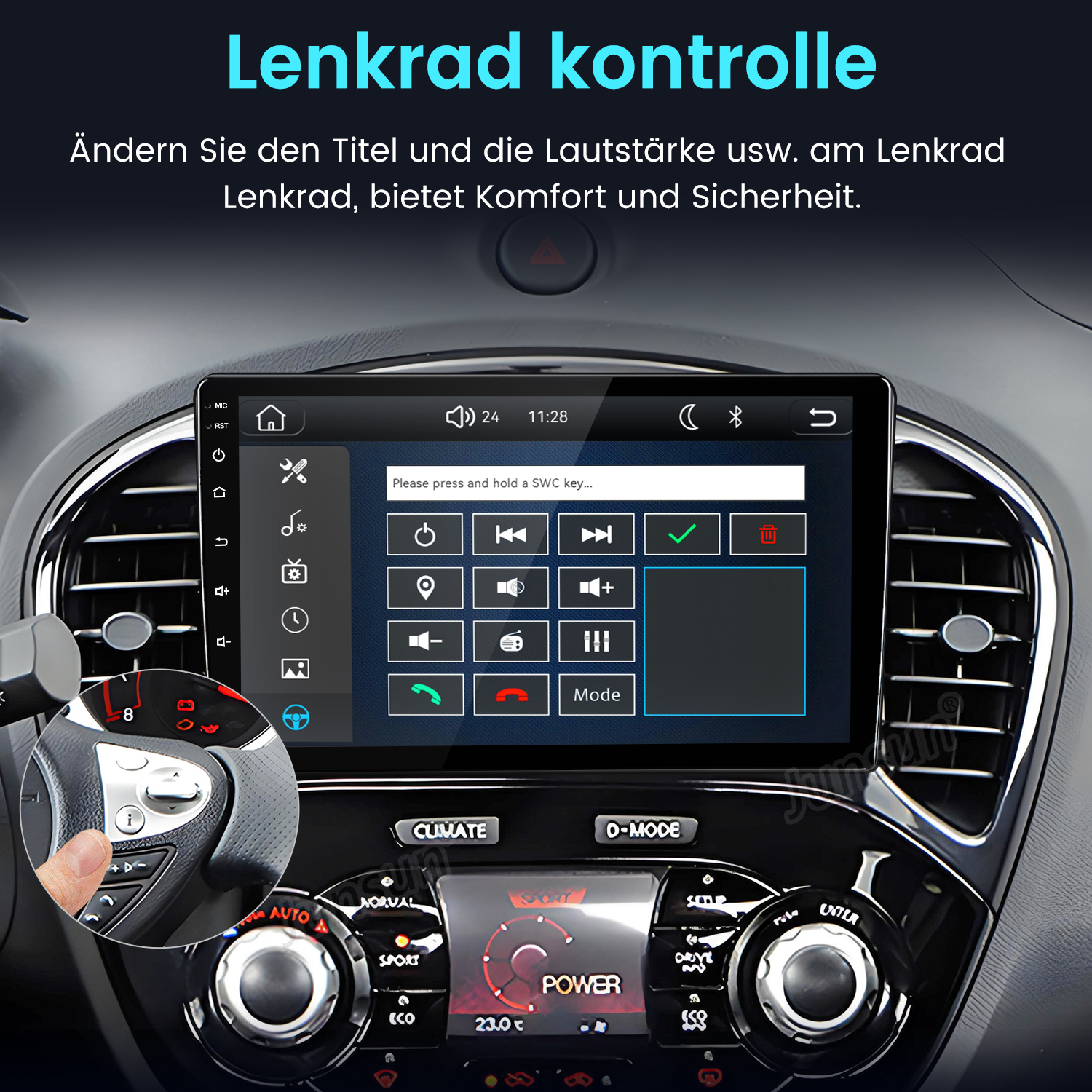 Autoinnenraum mit Touchscreen und Lenkradsteuerung für Medien und Komfort.