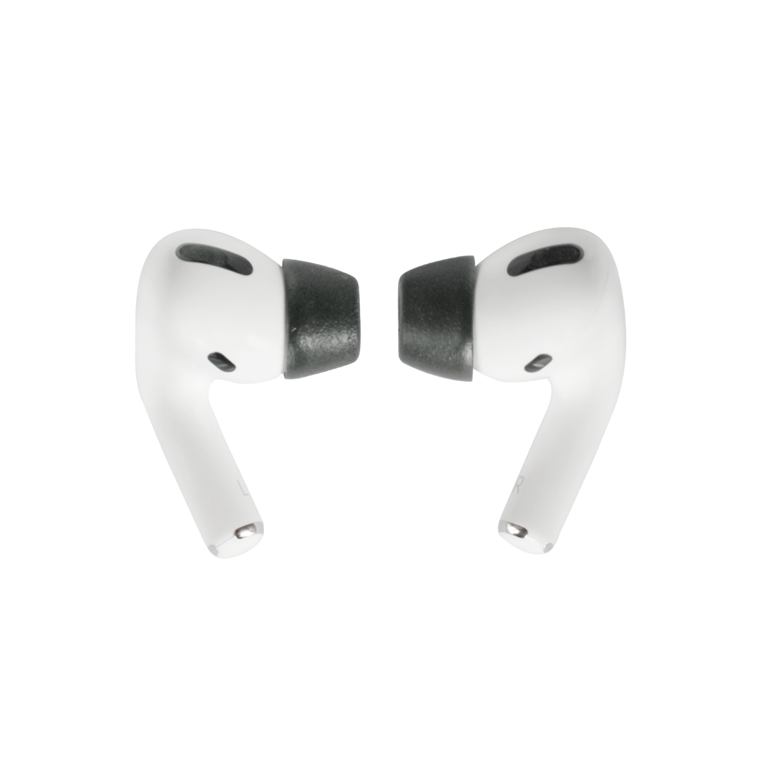 Zwei weiße In-Ear-Kopfhörer mit schwarzen Silikonaufsätzen auf weißem Hintergrund.