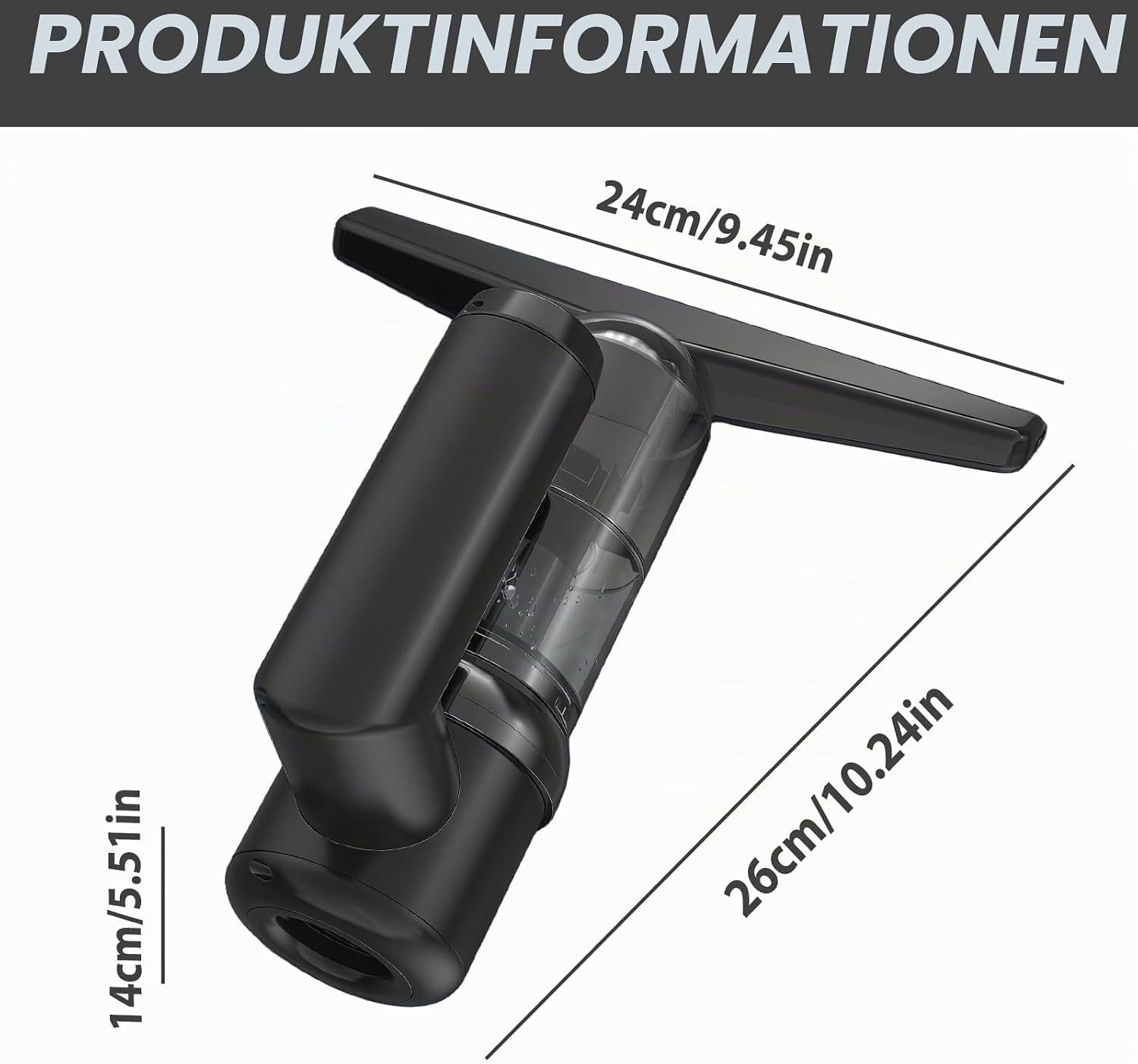 Produktinformationen mit Maßen für einen schwarzen Fenstersauger.