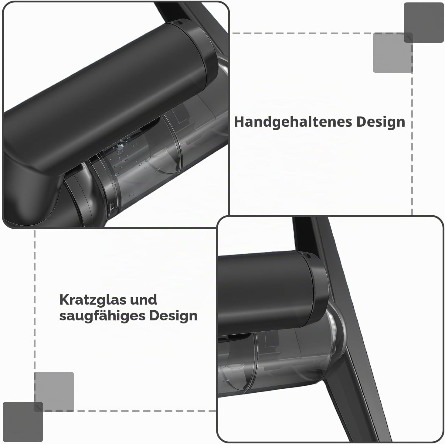 Diagramm zeigt das handgehaltene und saugfähige Design eines schwarzen Geräts mit durchsichtigem Behälter.