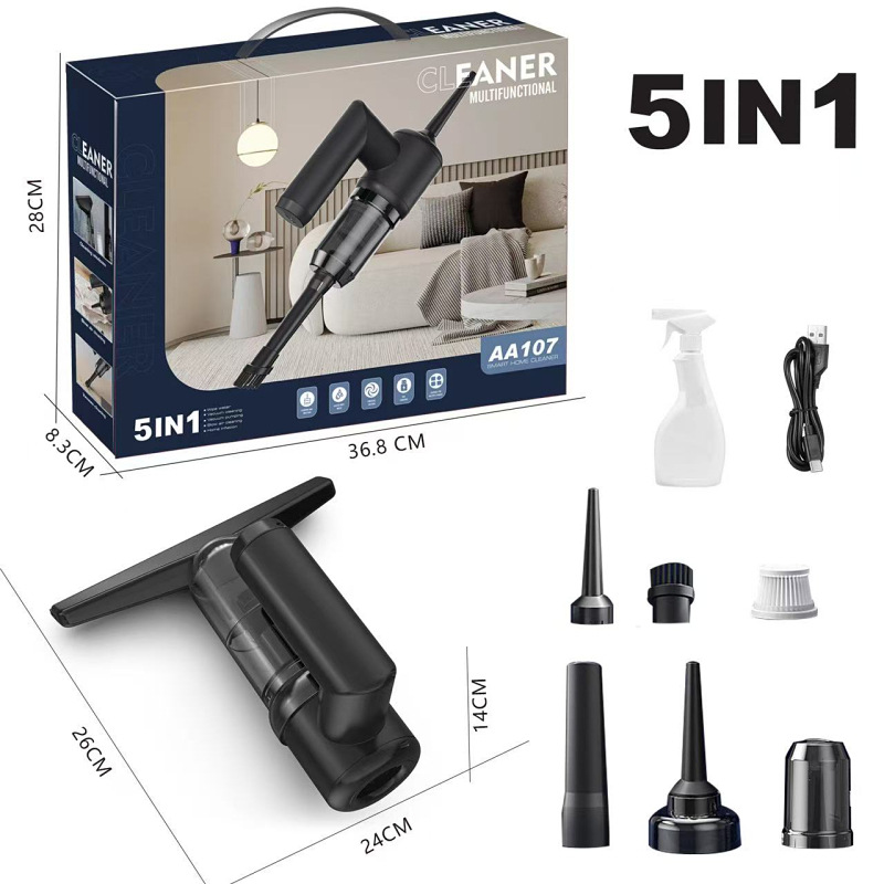 Ein schwarzer 5-in-1 multifunktionaler Handstaubsauger mit Verpackungskarton, Aufsätzen und Maßen.