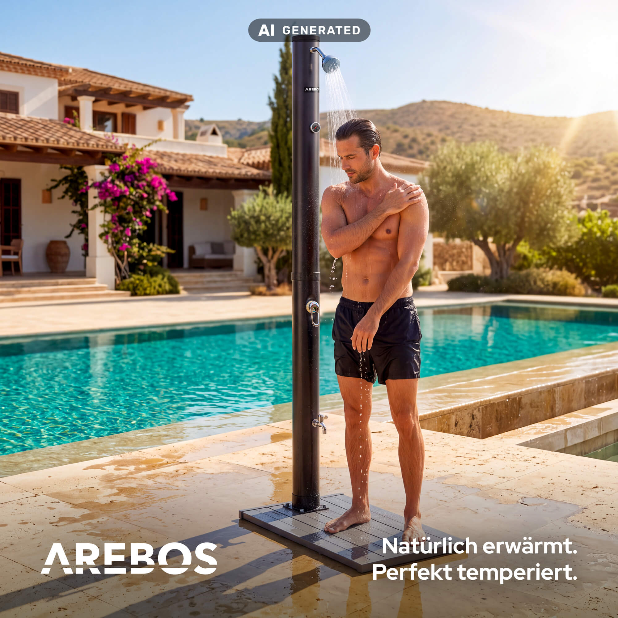 Ein Mann in Badeshorts duscht im Freien am sonnigen Pool einer Villa.