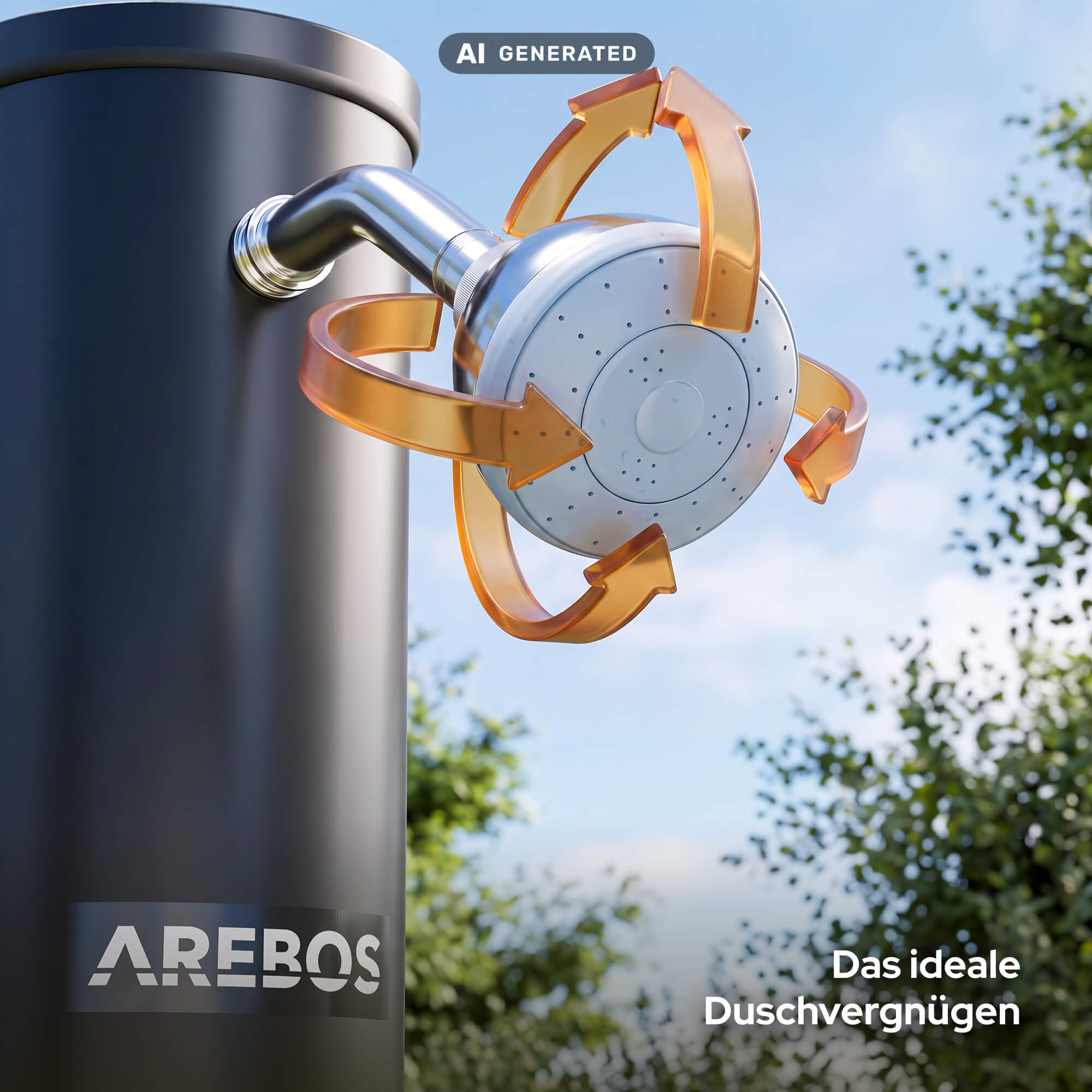 Eine schwarze Gartendusche mit drehbarem Duschkopf, umgeben von orangen Pfeilen vor Himmel und Bäumen.
