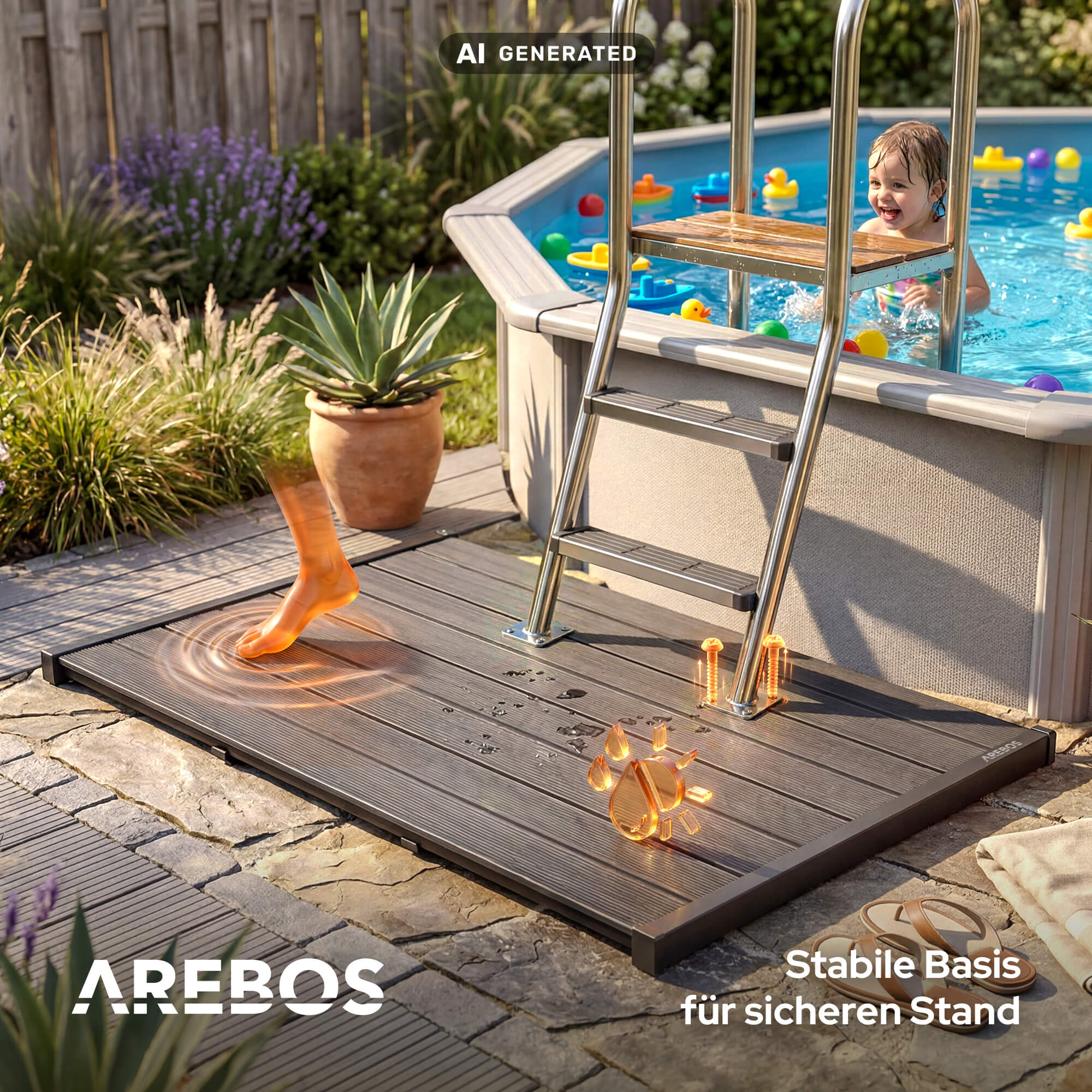 Ein Kind badet in einem Aufstellpool mit Leiter, davor eine graue Plattform mit hervorgehobenem Fußabdruck.