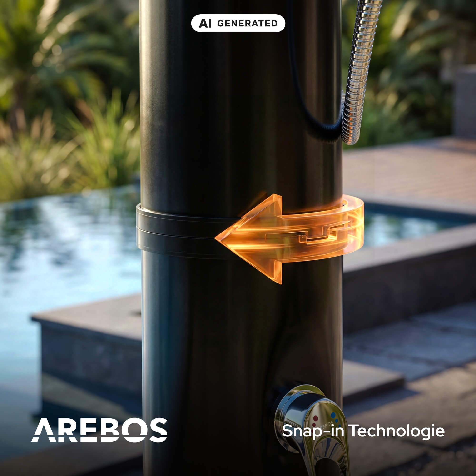 Schwarze Solardusche mit leuchtend orangenem Pfeilring und Snap-in Technologie an einem Pool.