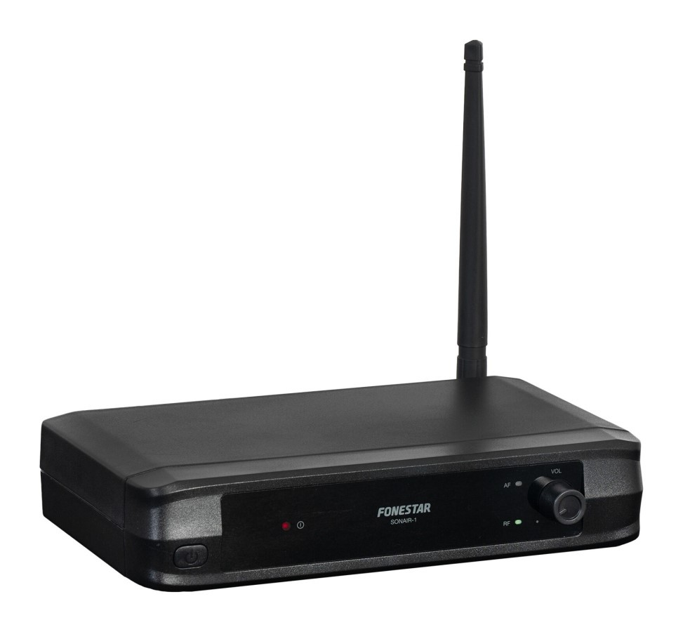 Czarne urządzenie audio Fonestar Sonair-1 z anteną i pokrętłem głośności na białym tle.