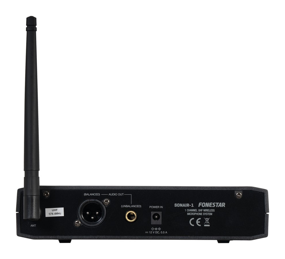 Tylny panel czarnego odbiornika bezprzewodowego Sonair-1 z anteną, wyjściami XLR i jack oraz wejściem zasilania.
