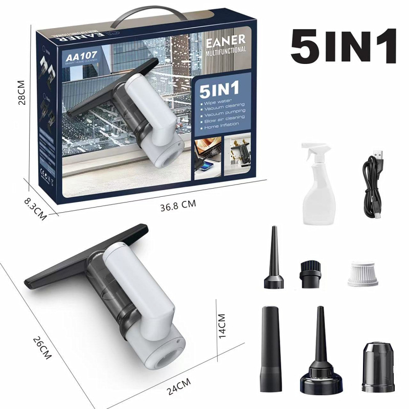 Ein Multifunktionsreiniger 5in1 mit Verpackung und verschiedenen Aufsätzen sowie Maßen.