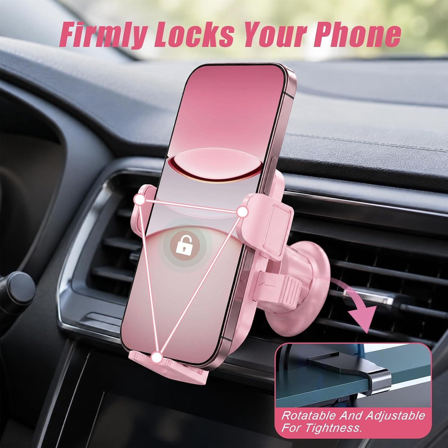 Ein rosa Handyhalter an einer Autolüftung, der ein Smartphone mit Schloss-Symbol sicher hält.