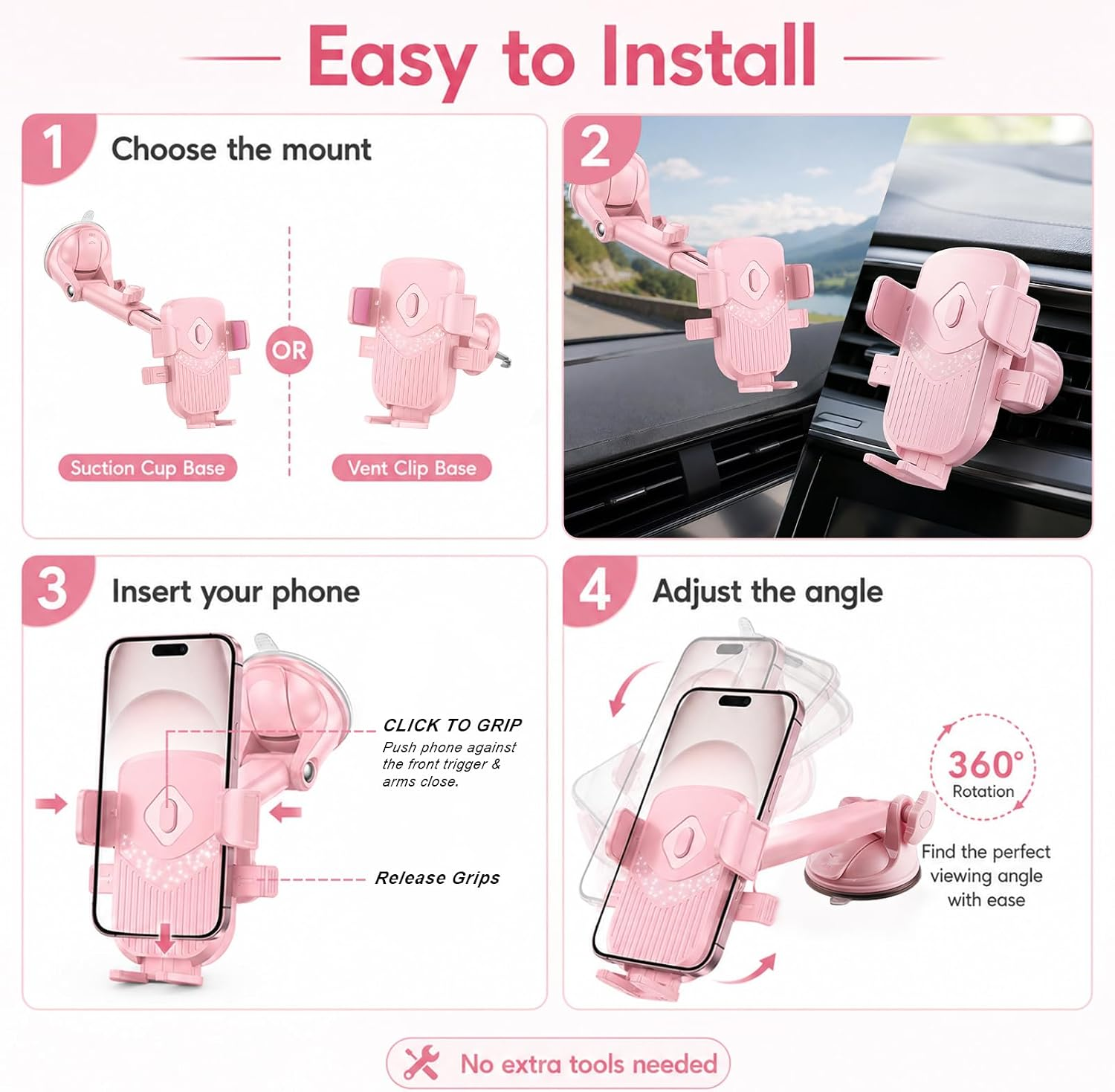 Vierteilige Anleitung zur einfachen Installation einer rosa Handyhalterung im Auto, mit Saug- oder Lüftungsclip.