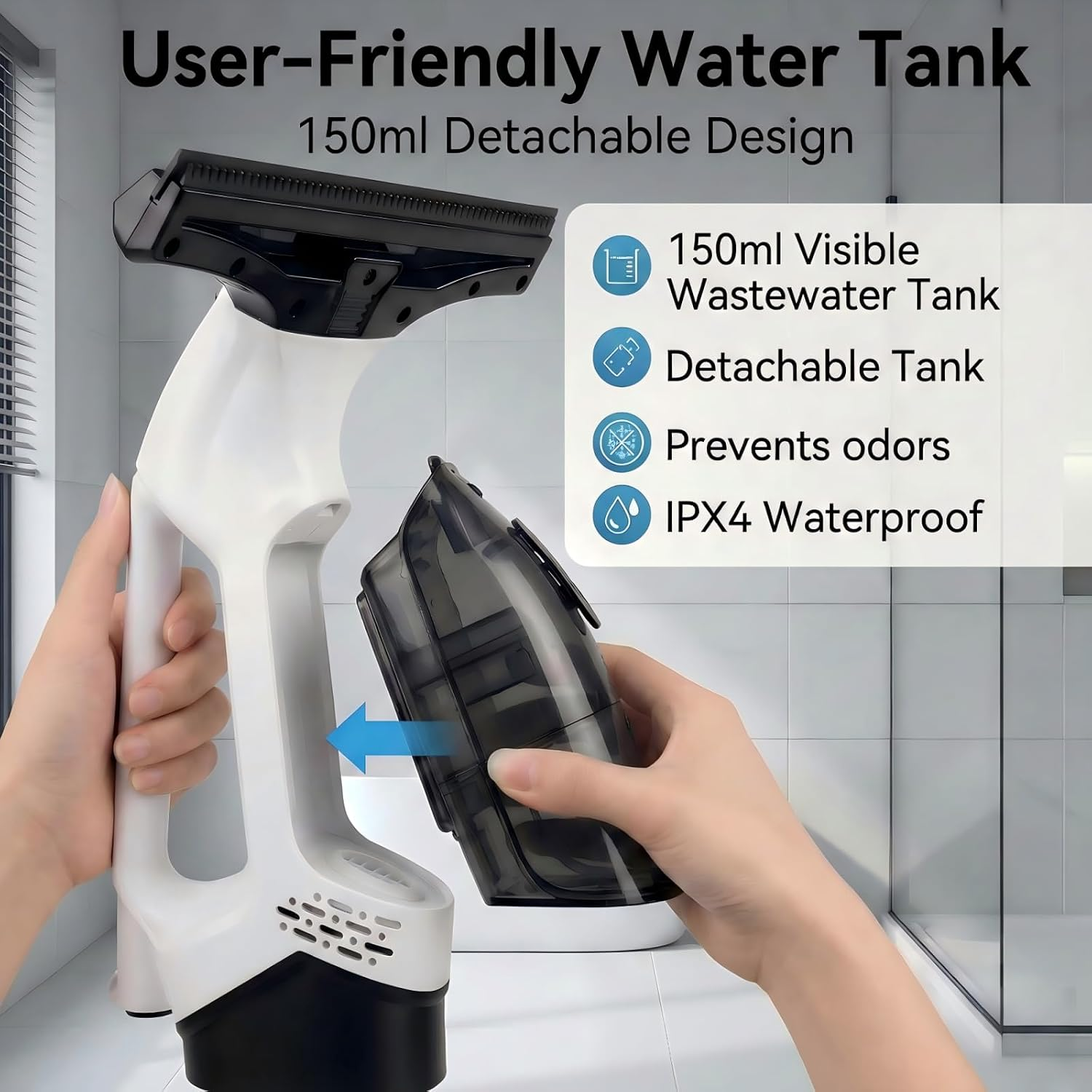 Hand hält einen weißen Fenstersauger mit abnehmbarem Wassertank.