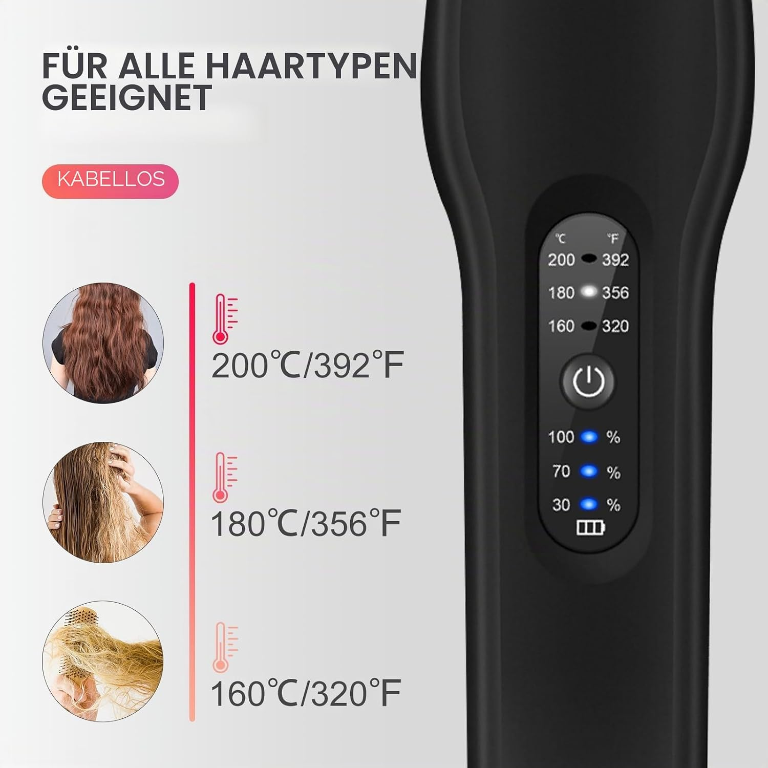 Ein schwarzer Haarglätter mit digitaler Temperaturanzeige von 160°C bis 200°C und kabellosem Design.