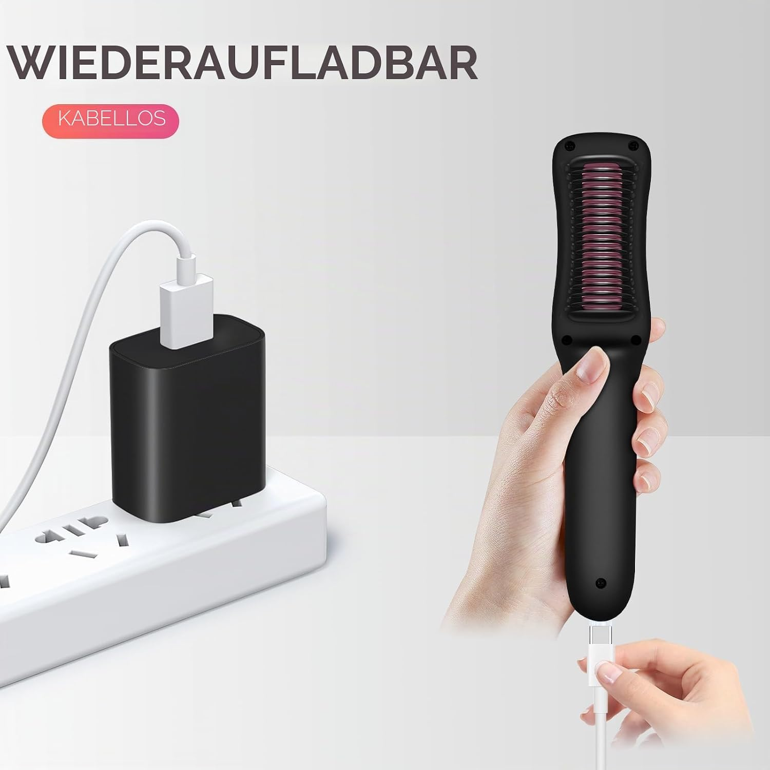 Hand hält einen schwarzen, kabellosen Haarglätter, der mit einem USB-Kabel aufgeladen wird.