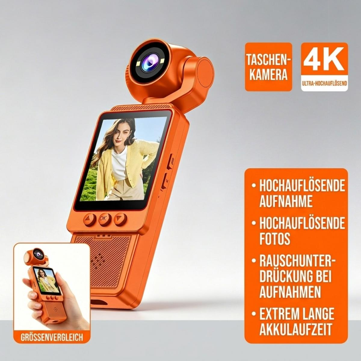 OrangerüstenTaschen-Kameraproduktmit4K-AuflösungundTextbeschreibungennebenan.