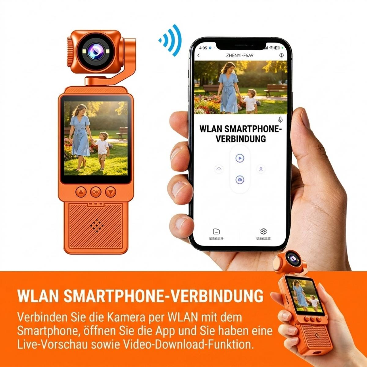 Orangefarbene Gimbal-Kamera mit WLAN-Smartphone-Verbindung und App-Vorschau.