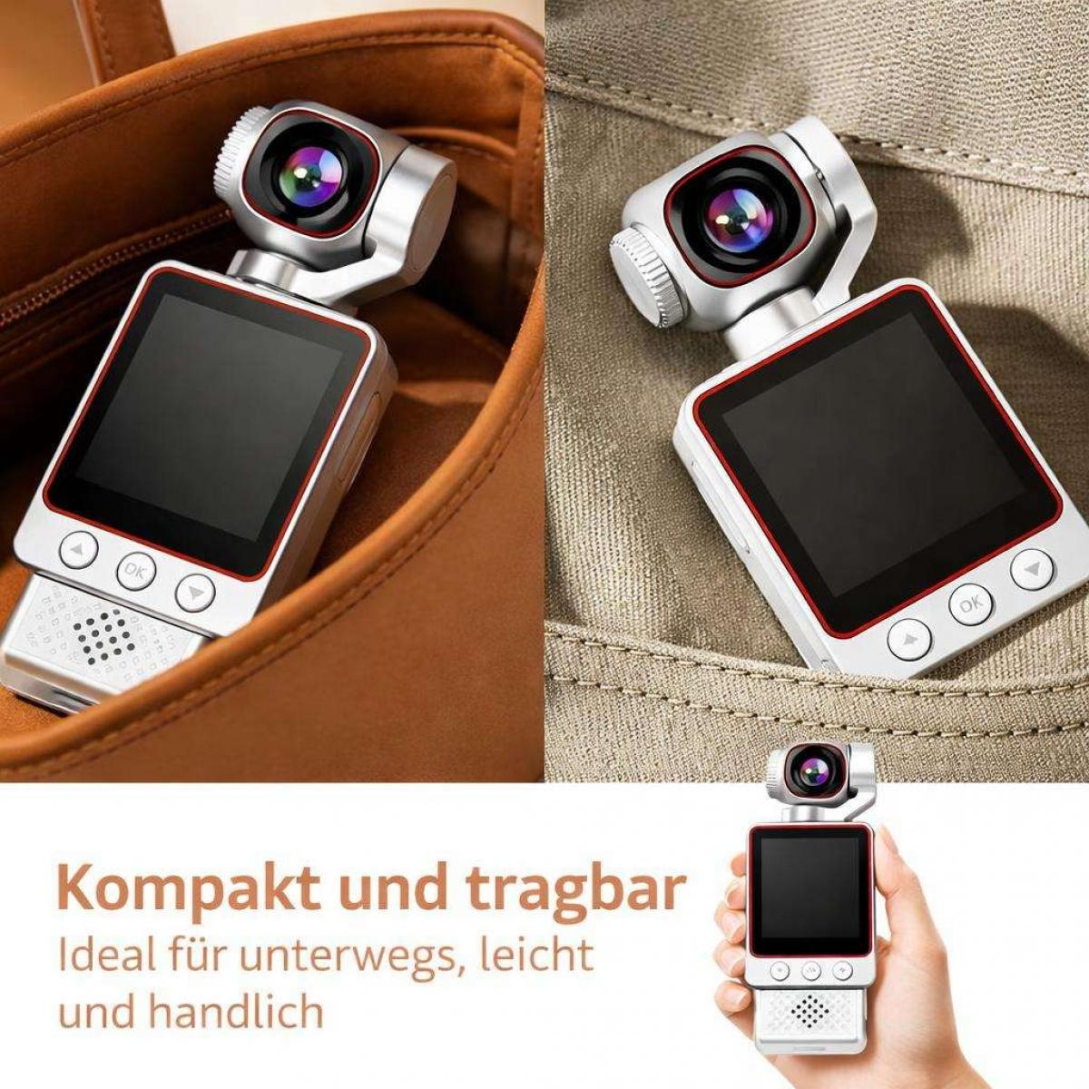 Eine kleine silberne Gimbal-Kamera in Taschen, mit Text "Kompakt und tragbar".
