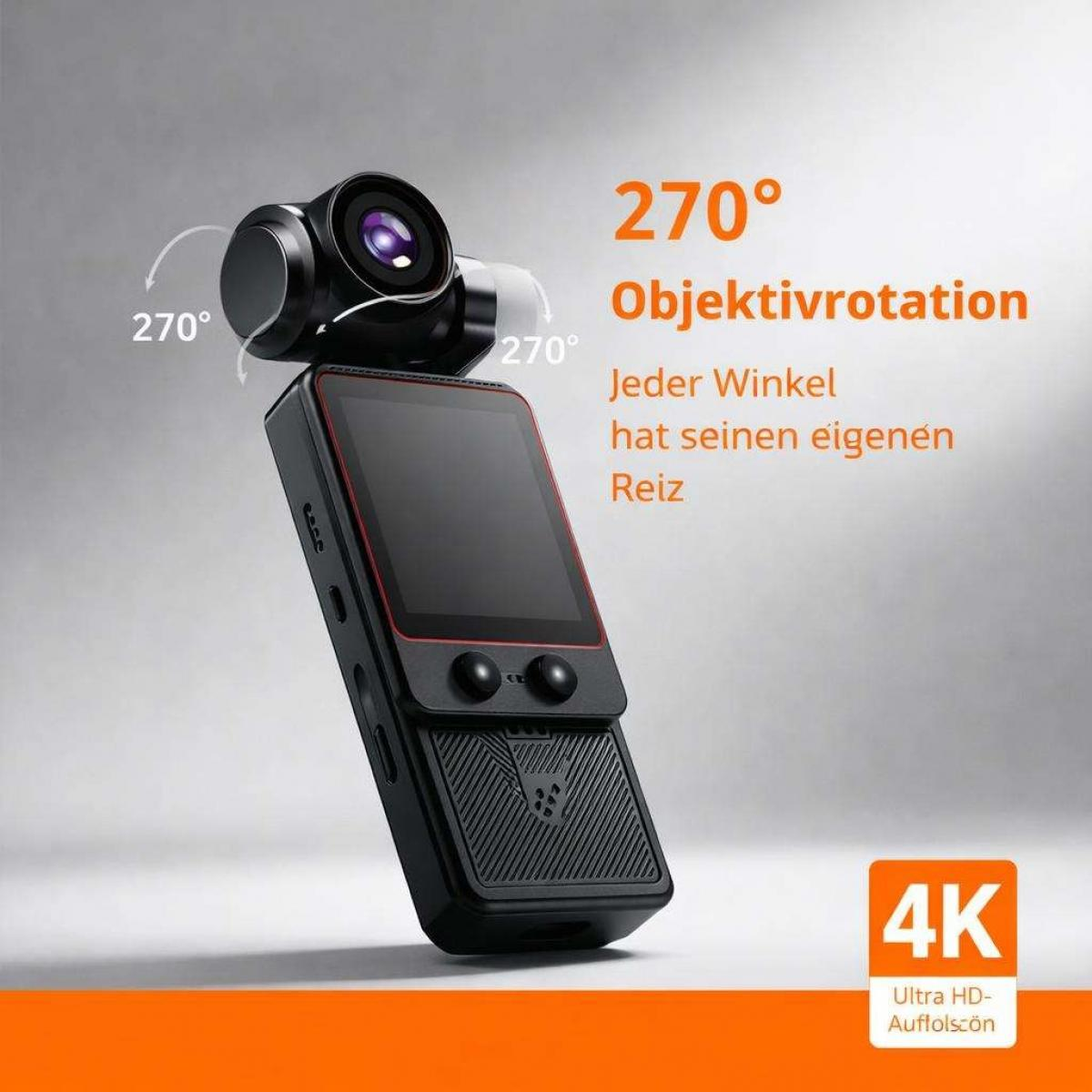 Schwarze Pocket-Kamera mit rotierbarem 270-Grad-Objektiv und Touchscreen vor grauem Hintergrund.