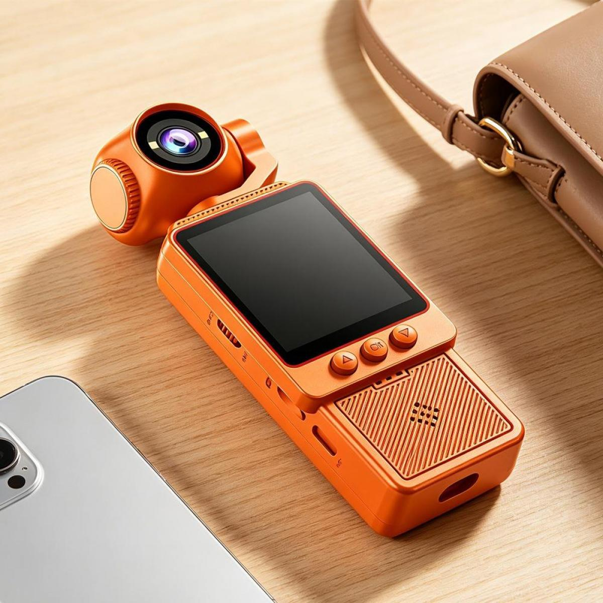 Eine orangefarbene Handheld-Gimbal-Kamera liegt auf einem Holztisch neben einem Smartphone und einer braunen Ledertasche.