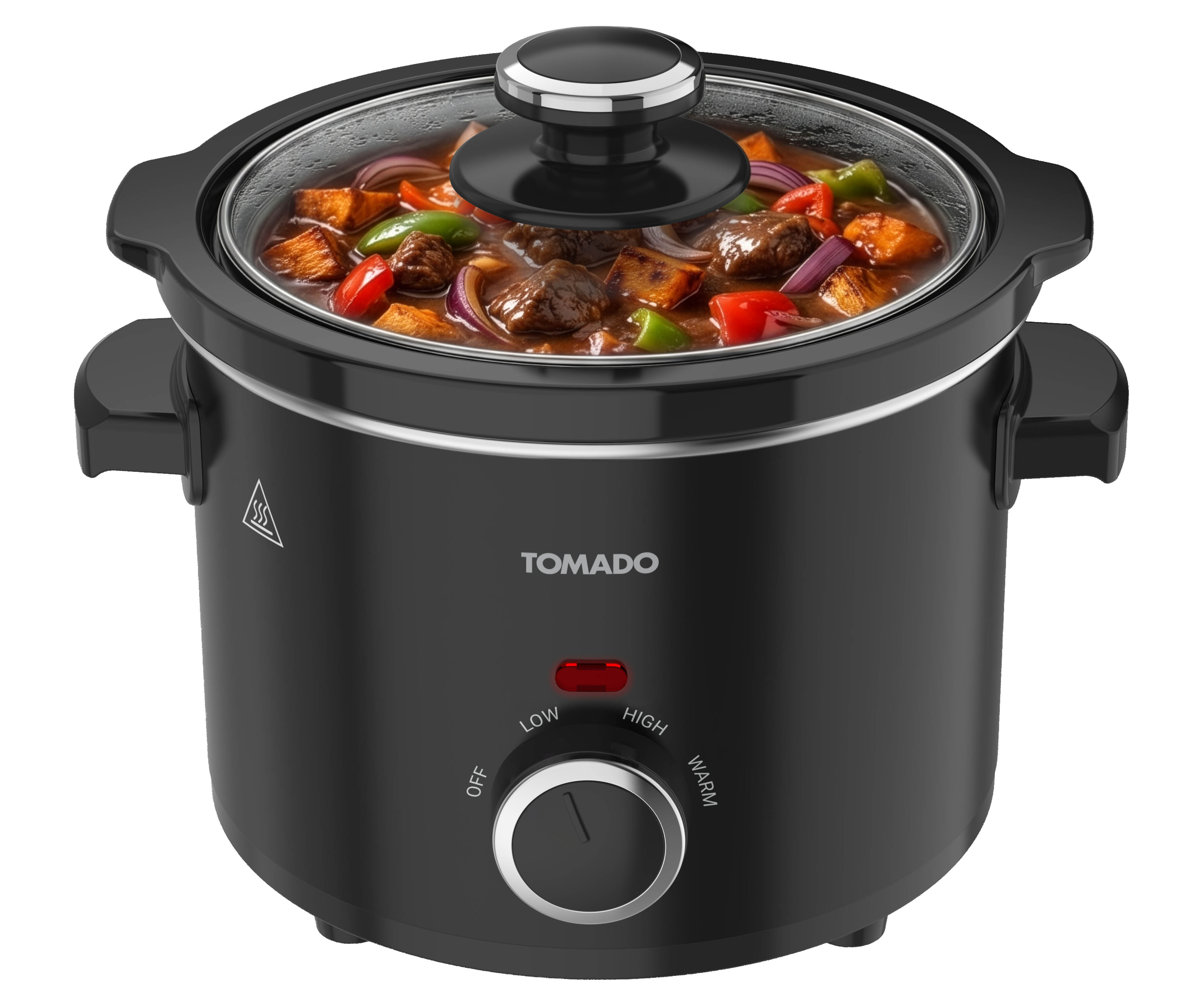 Schwarzer Tomado-Slow Cooker mit Glasdeckel und Eintopf.