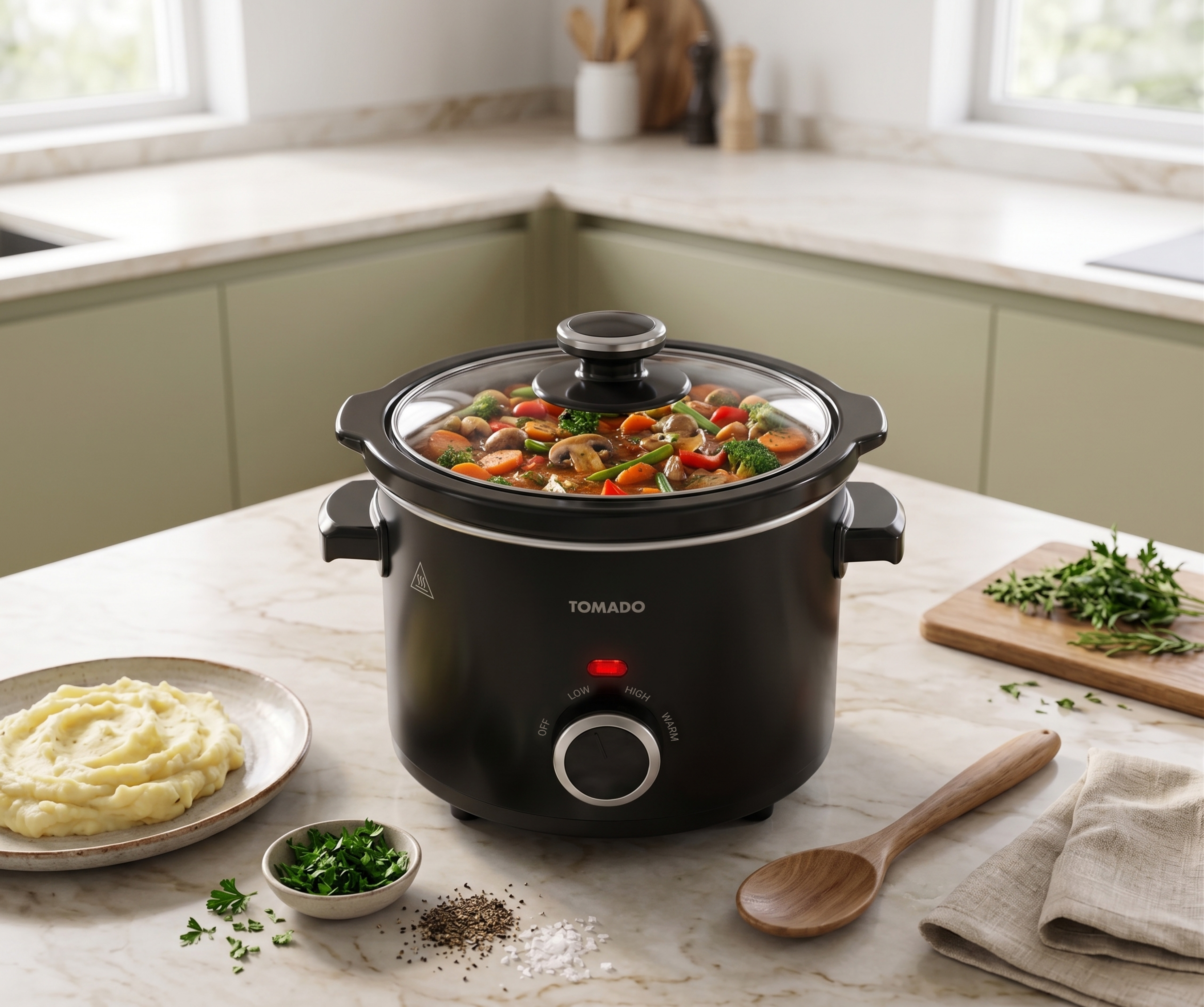 Ein schwarzer Slow Cooker mit Gemüseeintopf steht auf einer Marmorarbeitsplatte in einer Küche.